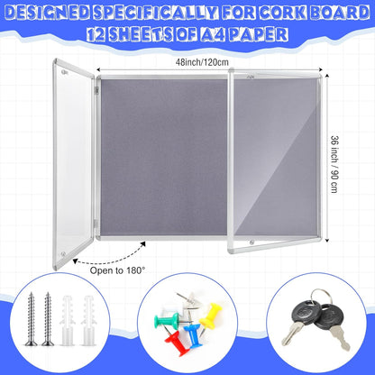 Enclosed Bulletin Board 48" x 36" Weather Resistant Lockable Notice Cork Display Board Wall Mounted 2 Locking Door for School Classroom Commercial Back to School, 12 x A4(Gray, Silver Frame)