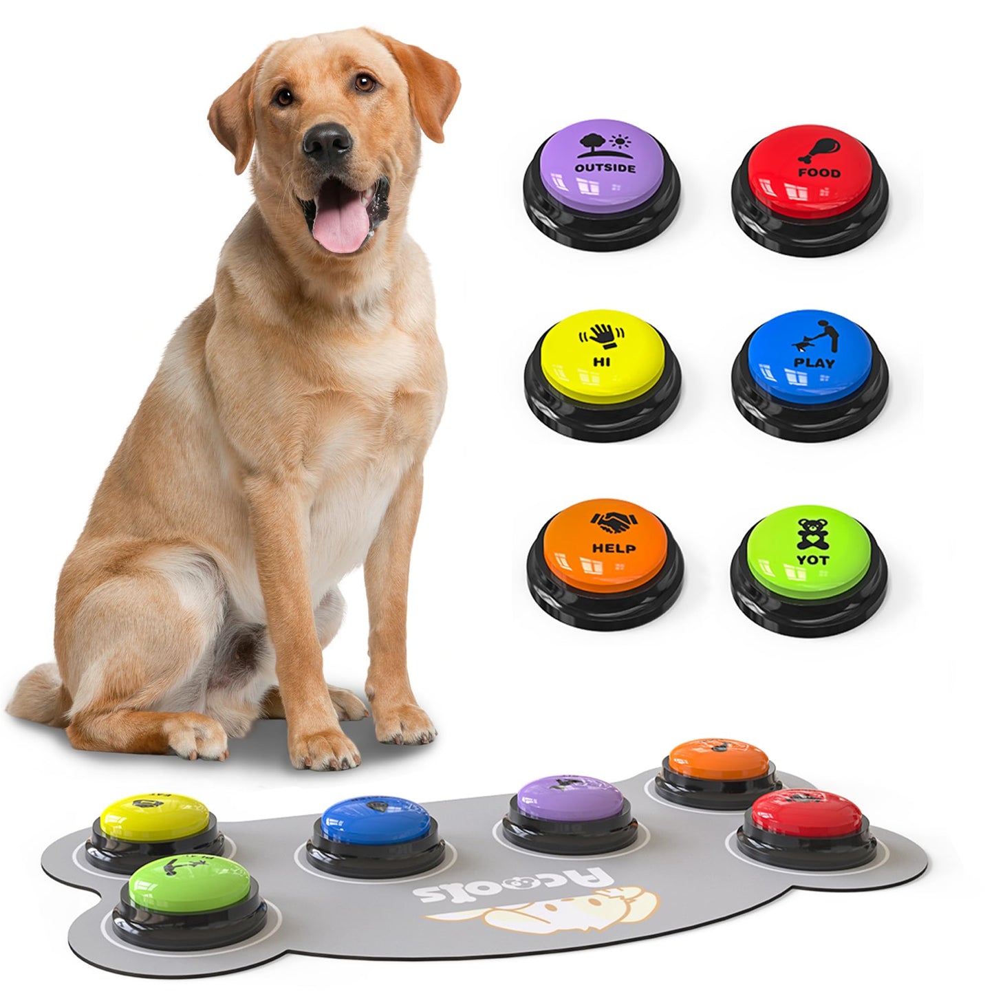 6 Piece Dog Talk Buttons, Dog Buttons for Communication with Non-Slip Mat, 30s Recordable Voice Commands To Train Pet, Dog Talking Buttons Starter Set with 48 Scene Stickers Suitable for Easy Training
