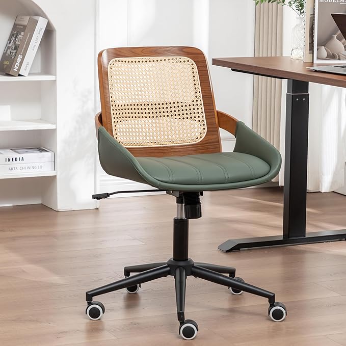 Home Office Desk Chair with Ergonomic Rattan Backrest, Walnut Crafts, Curved
