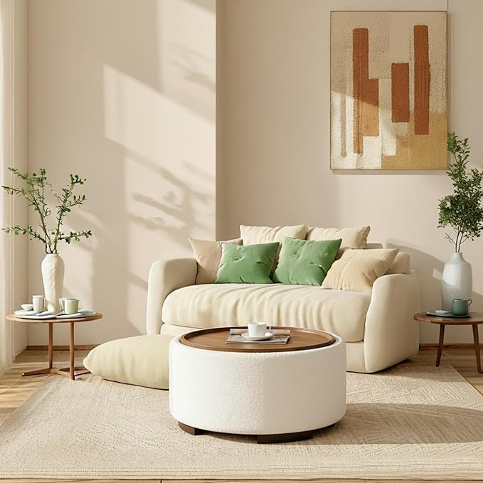 29.5 Inch Round Storage Ottoman Coffee Table, Modern Circle Coffee Table