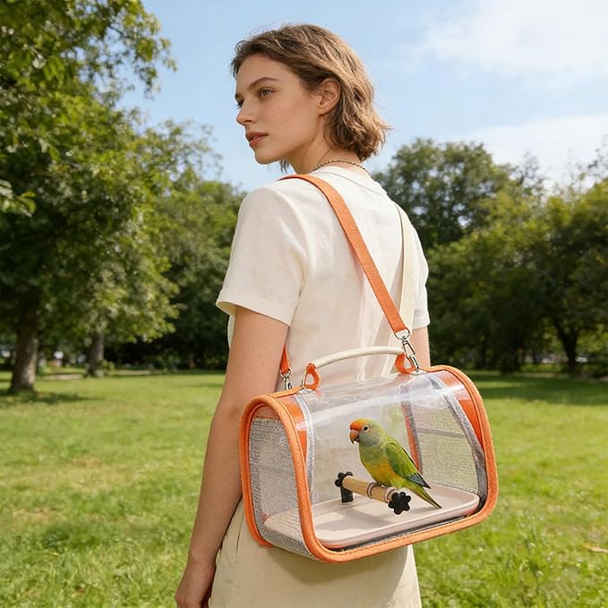 Portable Bird Travel Carrier Breathable Mesh Backpack with Perch Tray Clear View Lightweight Foldable Carrier for Small Parrots Parakeets Lovebirds (Yellow)