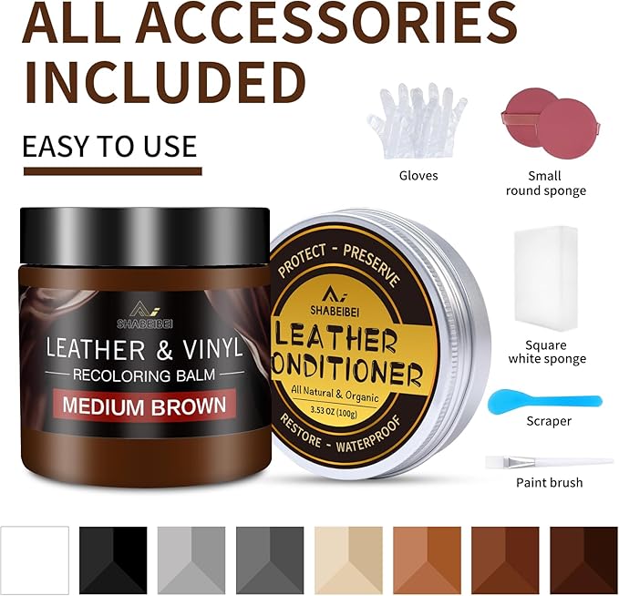 Leather Recoloring Balm with 100ml Mink Oil, Medium Brown Leather Repair Kit