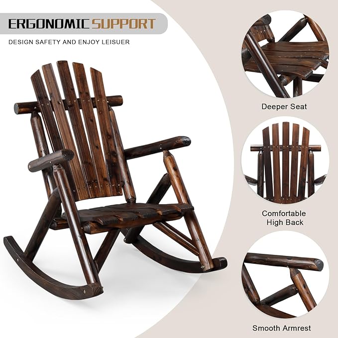 Outvita Wooden Rocking Chair Set of 2, Fir Log Adirondack Rocker, Outdoor Wood