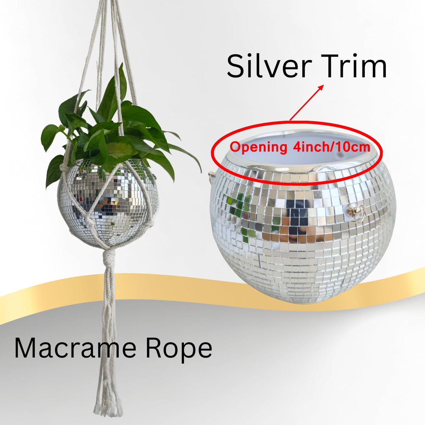 Disco Ball Hanging Plant Pots, Boho Silver Mirror Disco Planter with Chain Hook and Macrame Rope for Indoor Outdoor Decor and Wooden Stand for Desk,Self Watering Insert Pots