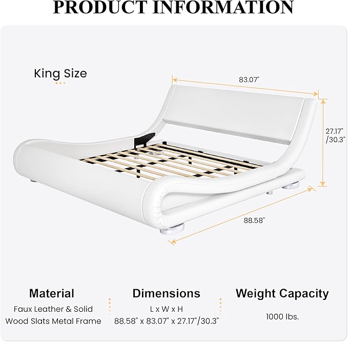 SHA CERLIN King Size Upholstered Bed Frame, Deluxe Low Profile Sleigh Bed