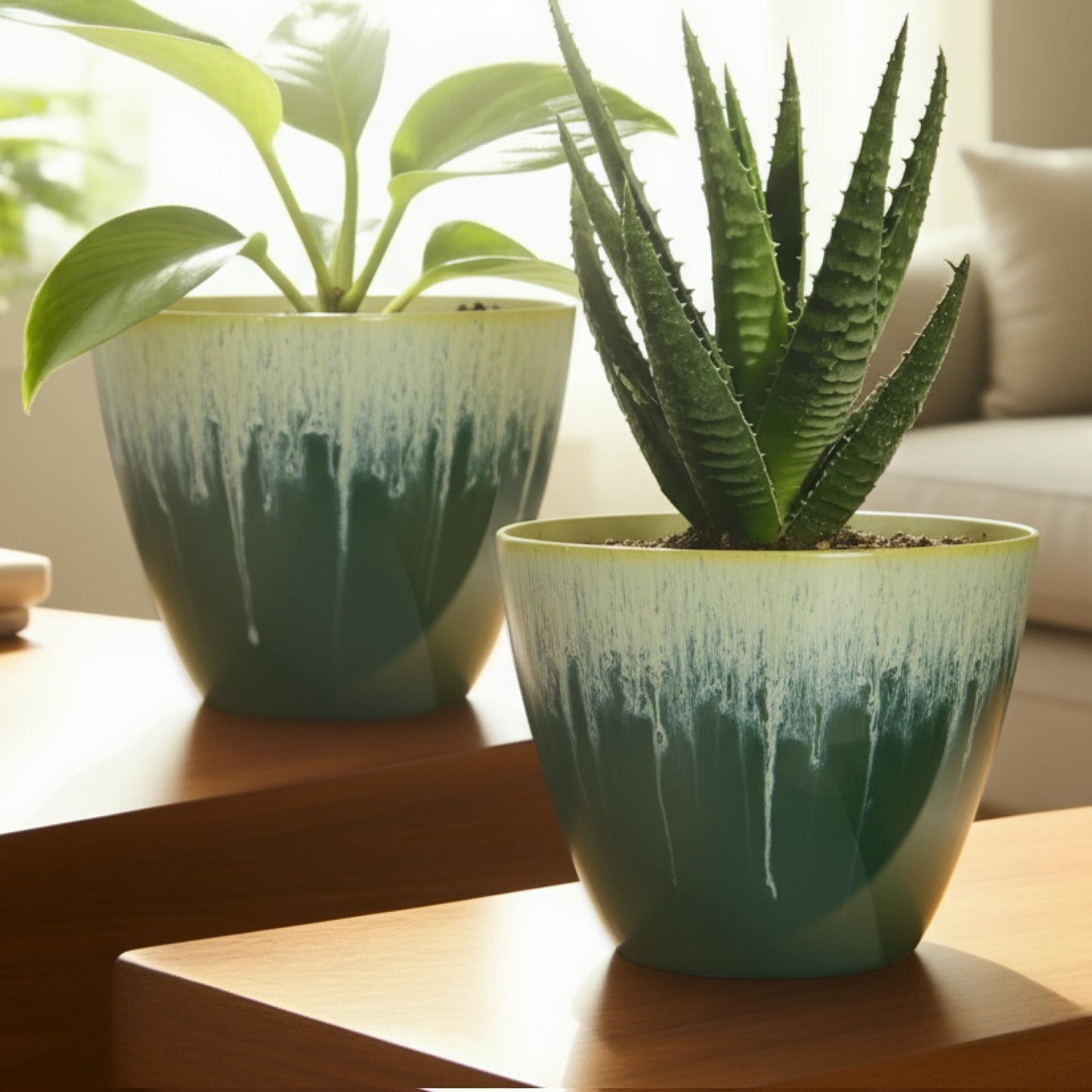 LESOASIS 8 inch Plant Pots with Drainage Holes, Pack of 4 Plastic Flower Pots Indoor, Modern Glossy Finishing Planter for Indoor Outdoor Plants (Green Glaze, 4 Pack)