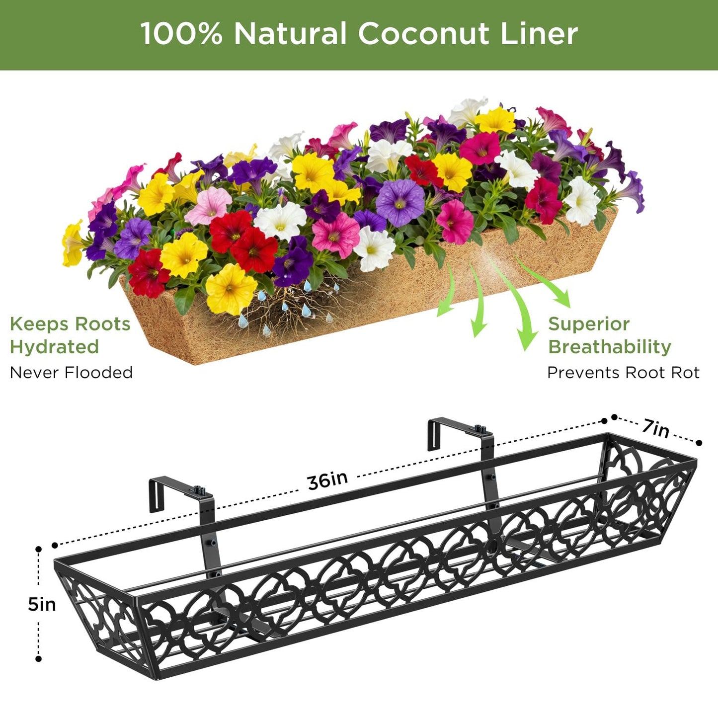 Y&M 36 Inch Window Deck Planter with Coco Liner, Metal Hanging Flower Boxes for Fence, Railing, Balcony, and Outdoor Garden Lawn – 4pcs