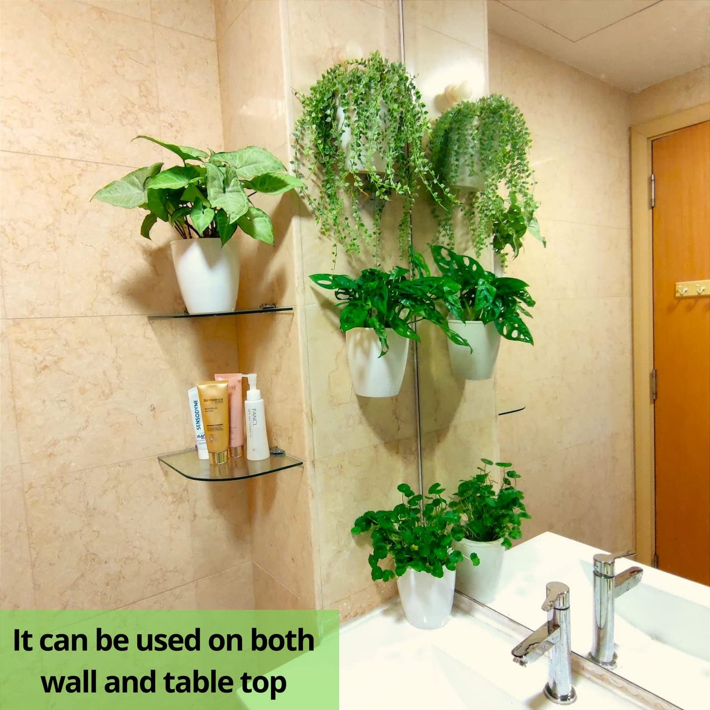 LalaGreen Bundle - 4" x 10 Pack Self Watering Plastic Pot + 4 Pack Wooden Orchid Hanging Planters for Indoor Plants, Wall Mount Plant Stand Ladder, Outdoor Vertical Garden Modern Hydroponic