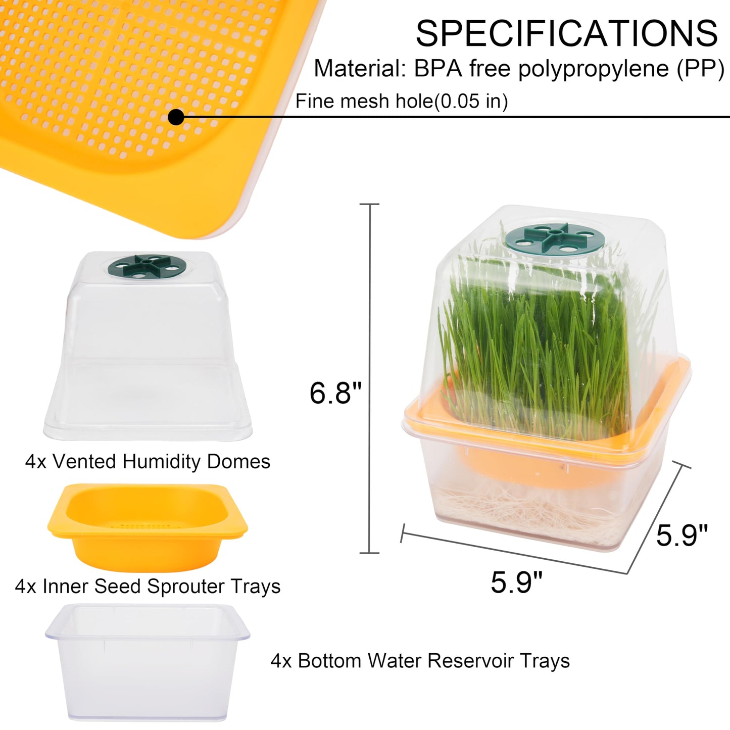 Microgreen Growing Trays, 5" x 5" Sprouting Tray with Humidity Dome, 1.2 mm Small Mesh Holes, BPA Free, Sprouter Kit for Growing Mirco Seeds, Like Broccoli, Alfalfa, Radish, Clover - 4 Pack | Clear