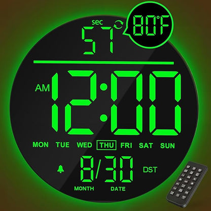 JALL 10" Large Digital Wall Clock with Seconds, Alarm Countdown Timer, Big LED Display, RGB Color, DST, Temperature, Mounted for Bedroom Living Room Office Classroom Gym, Xmas Birthday Gift, Green