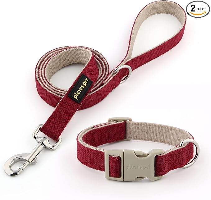 Plutus Pet Cotton Hemp Dog Collar and Leash Set, Adjustable Collar for Small, Medium, and Large Dogs, Heavy Duty and Soft on Skin, Red, S