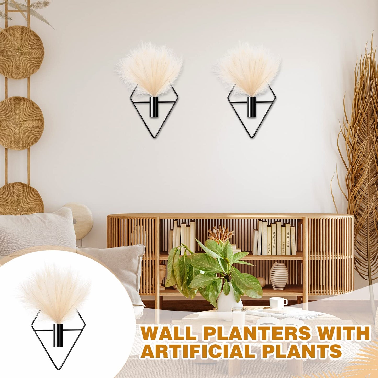 Jexine 2 Pcs Boho Wall Decor Gold Wall Art Hanging Planters with Artificial Pampas Mounted Metal Decor Modern Home Display Art Bedroom Bathroom Living Room(Black)