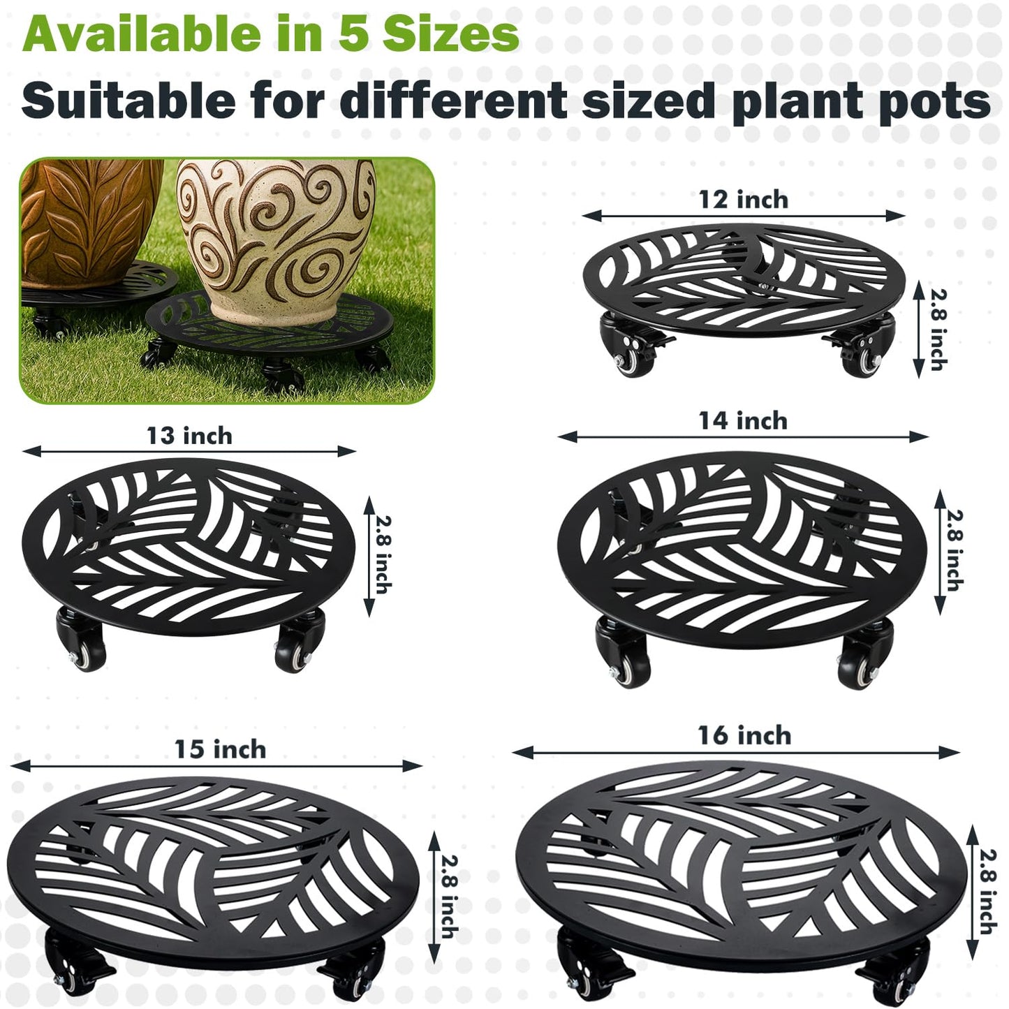3 Packs Metal Plant Caddy with 3 Metal PU Wheels 12 Inches Heavy-duty Wrought Iron Rolling Plant Stands with Casters Indoor and Outdoor Plant Pot Roller Base Plant Dolly Coaster Movers Black