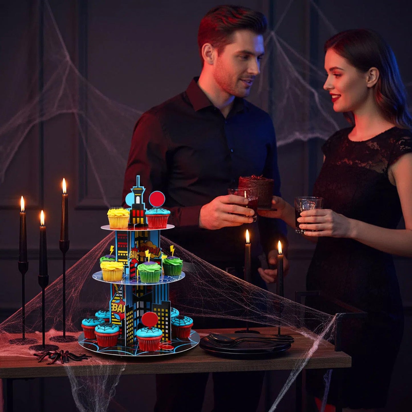 Widecook 3 Tier Spider Cupcake Stand Decoration Spider Party Cupcake Tower Party Supplies Table Decoration Cityscape Dessert Holder Table Display for Birthday Baby Shower Supplies
