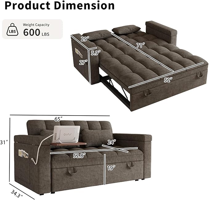 3 in 1 Convertible Sleeper Sofa, 65in Sleeper Couch
