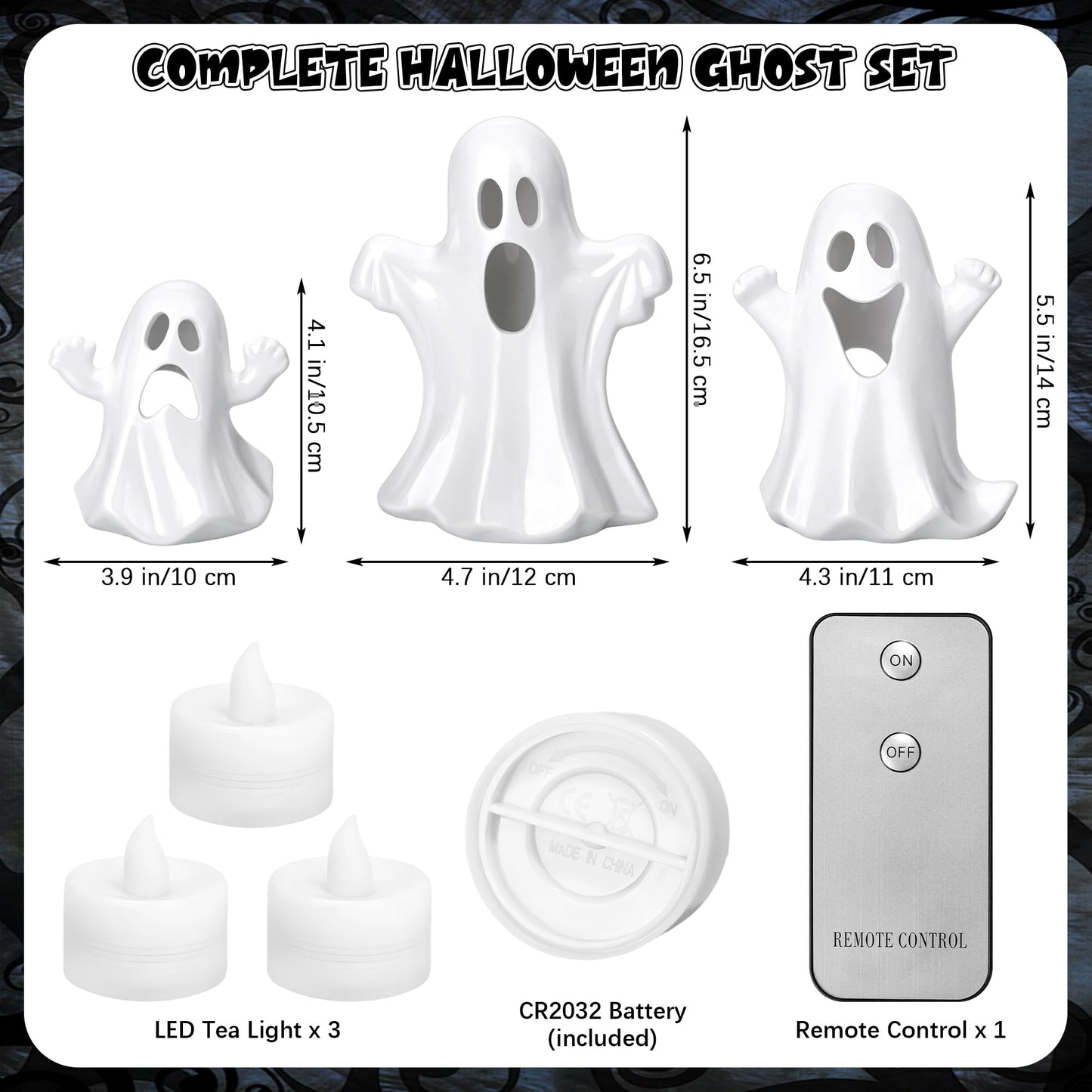 Aneco Ceramic Ghost Light Up Decor Halloween Ghost Decor 3 Ceramic Ghosts Figurines with Remote Control, 3 Tea Lights Spooky Ghosts Sculpture for Halloween Home Table Decorations