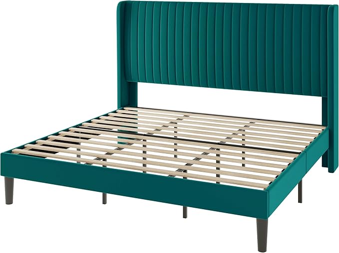 Allewie King Size Bed Frame/Velvet Upholstered Platform Bed/Vertical Channel