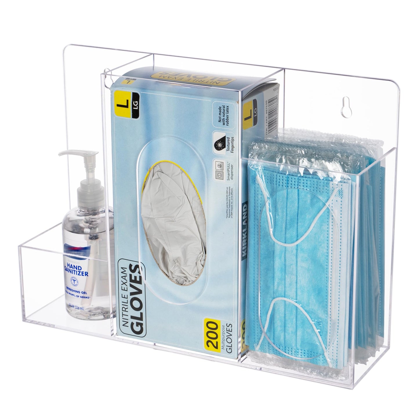 Aphbrada Acrylic Hygiene Dispenser Station with 3 Compartments - Triple Sanitation Station Holder Dispenser for Face Masks, Gloves Box, Hand Sanitizer, Hairnets, Tissues- Wall Mount or Tabletop