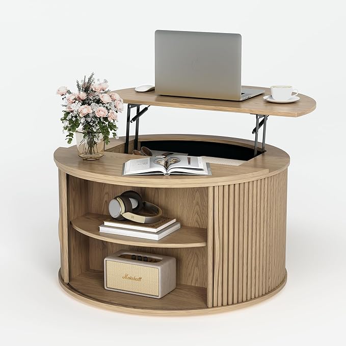 JOINICE 31.5" Round Lift Top Coffee Table, Natural Oak Modern Fluted Drum
