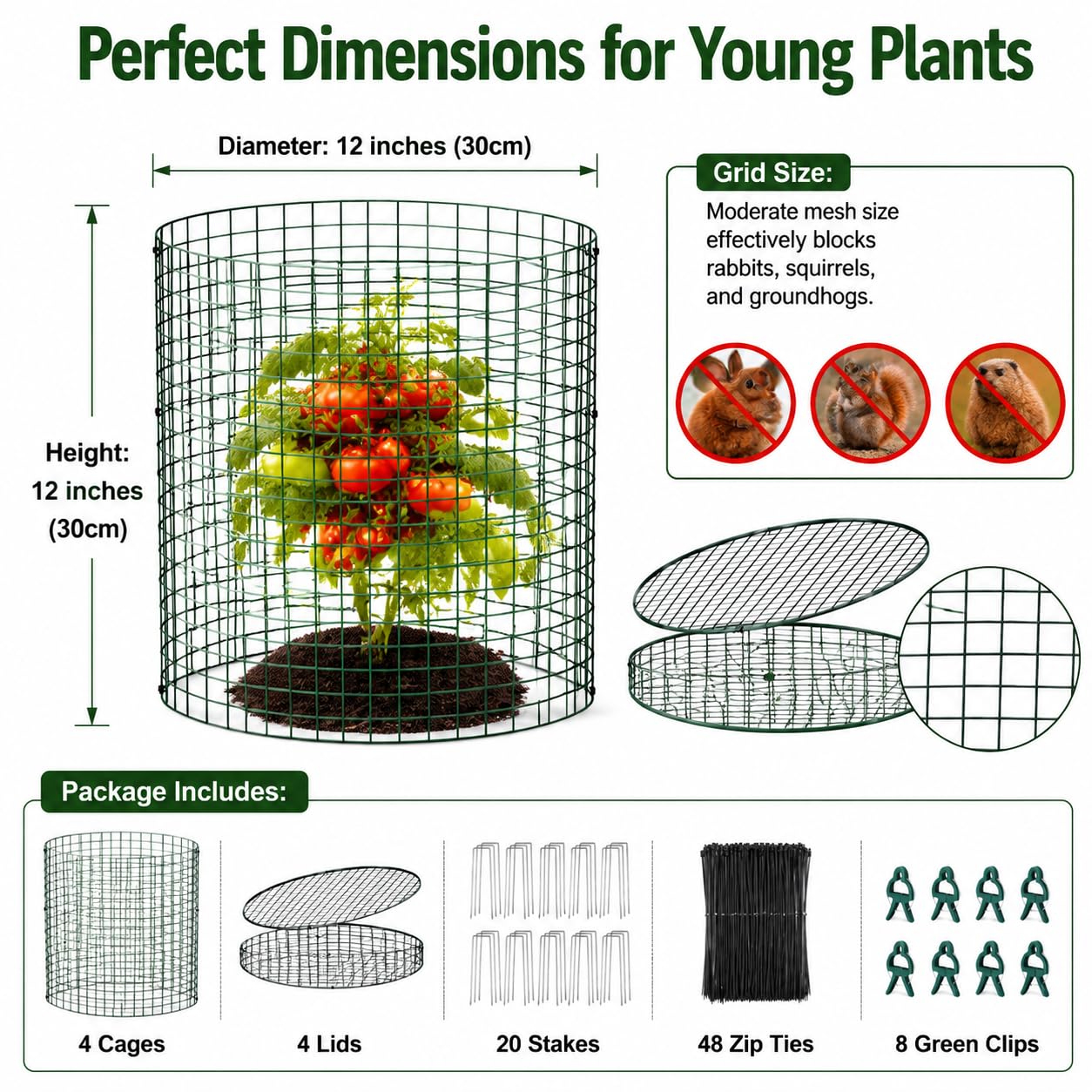 Plant Protectors from Animals 12 x 12 in Metal Chicken Wire Cloche Plant Cages for Outdoor Plants, Garden Fencing Animal Barrier with Detachable Dome Lid, Stakes & Zip Ties (4 Pcs)