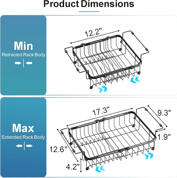 iSPECLE Dish Drying Rack Over the Sink, Expandable Dish Drainer for Small Kitchen, Apartment, RV, Dish Strainer with Utensil Holder and Twist-Lock, Space Saving, Black