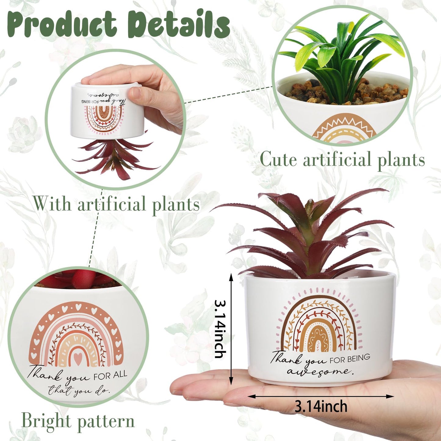 Tioncy 9 Pcs Thank You Rainbow Succulent Pots with Artificial Plants for Coworker Gifts Employee Appreciation Gift Ceramic Funny Rainbow Pots for Coworker Planter Teacher Volunteer Nurse Birthday Gift