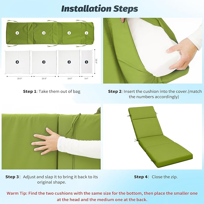 2 Pcs Outdoor Chaise Lounge Cushion 72" x 21" x 3", 4-Section Folding Patio