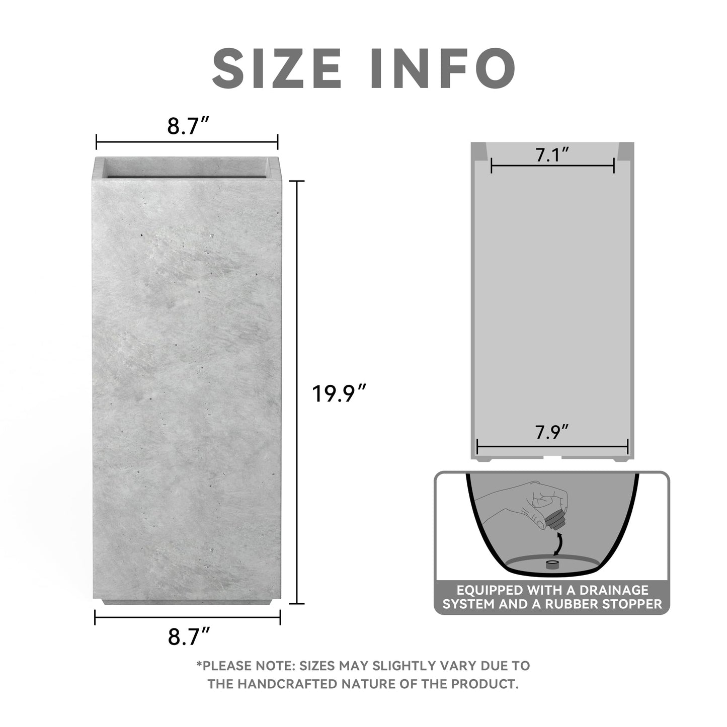 Kante 19.9" H Tall Rectangular Concrete Planter, Modern Square Diameter Plant Pot with Drainage Hole and Rubber Plug for Indoor Outdoor Home Patio Garden, Natural Concrete