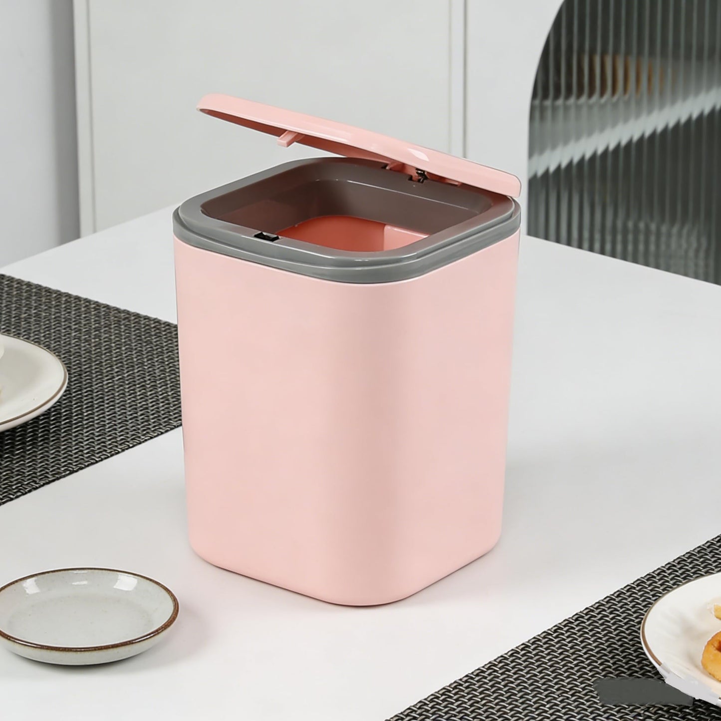 Yesdate Mini Desk Trash Can Press Type Lid, 2 L/0.5 Gallon Tiny Countertop Waste Basket, Plastic Covered Garbage Bin for Desk Top, Pink