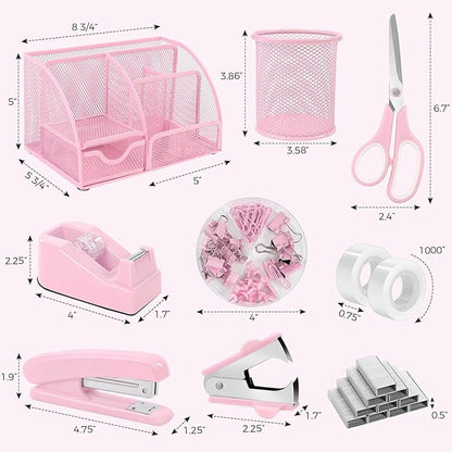 SKYDUE Pink Desk Accessories, Pink Office Supplies Set, Mesh Desk Organizer, Stapler, Tape Dispenser, Scissors, Binder/Paper Clips and 1000pcs Staples,Desk Organizer for Women