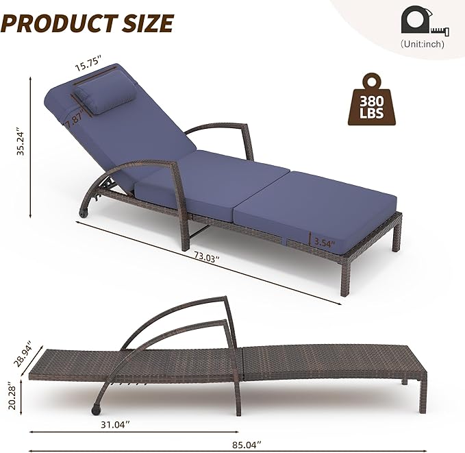 GarveeLife 2-Piece Rattan Patio Folding Chaise Lounge, 5-Position Adjustable