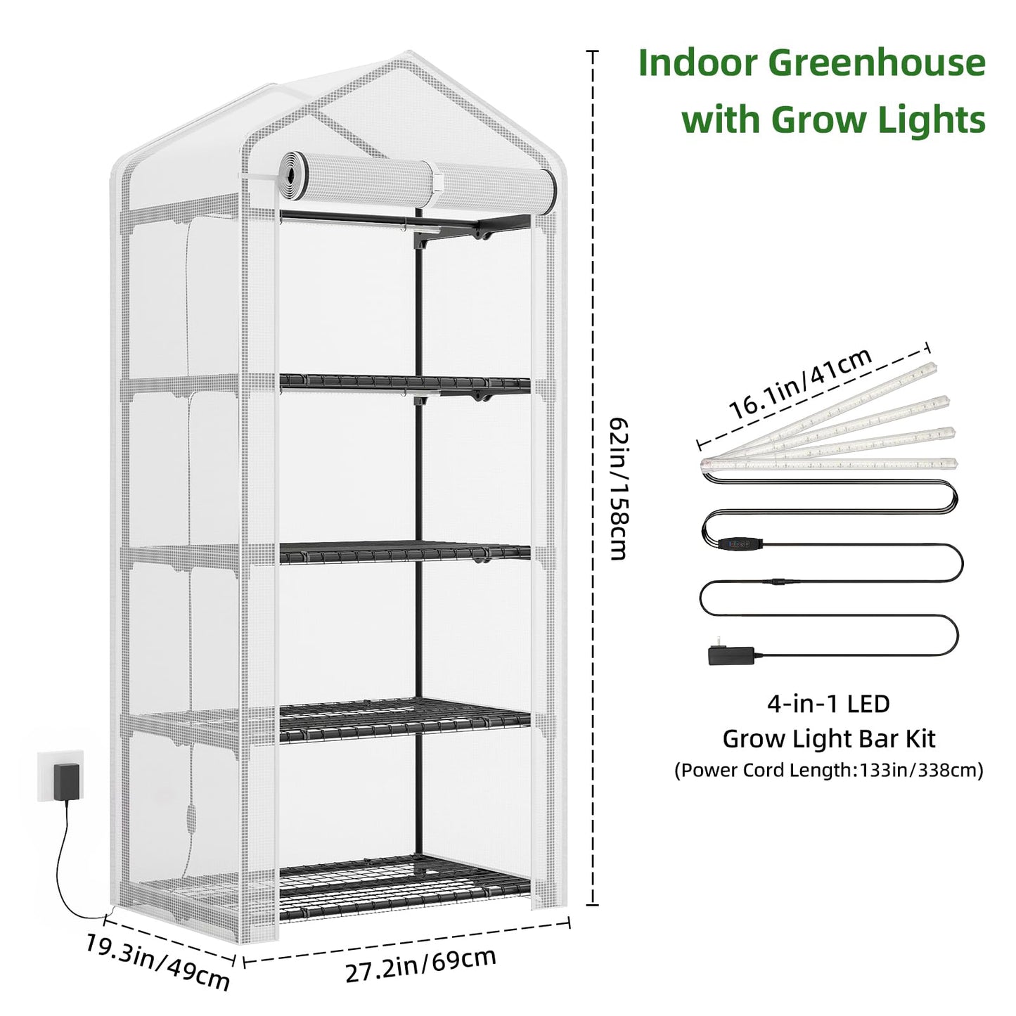 Superlele Mini Greenhouse with Grow Light, 4 Tier Greenhouse for Indoor Outdoor, 27"x19"x62" Portable Plant Green House with 4pcs LED Grow Light, Grow Tent for Seedlings, Flowers & Herbs, White