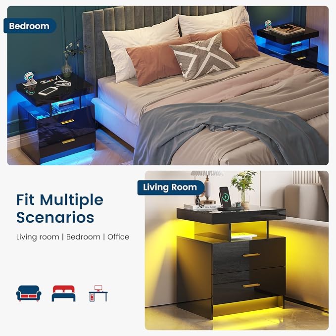 HNEBC Auto LED Nightstand with Wireless Charging Station & USB Ports, High