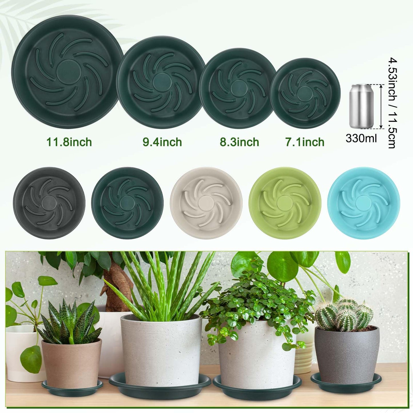 M METERXITY 2-Pack Plant Saucers, 7.3 Inch ID Anti-Rot Root Resin Flower Pot Plant Saucers for Indoor/Outdoor, Flowerpot Drip Tray [9.4 Inch OD, Dark Green]