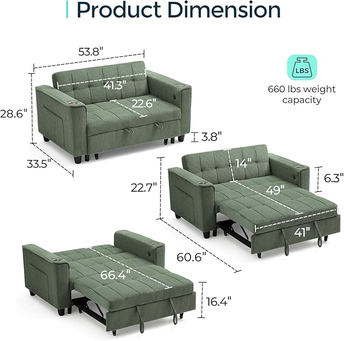 LINSY 54" Pull Out Couch with Charging Station