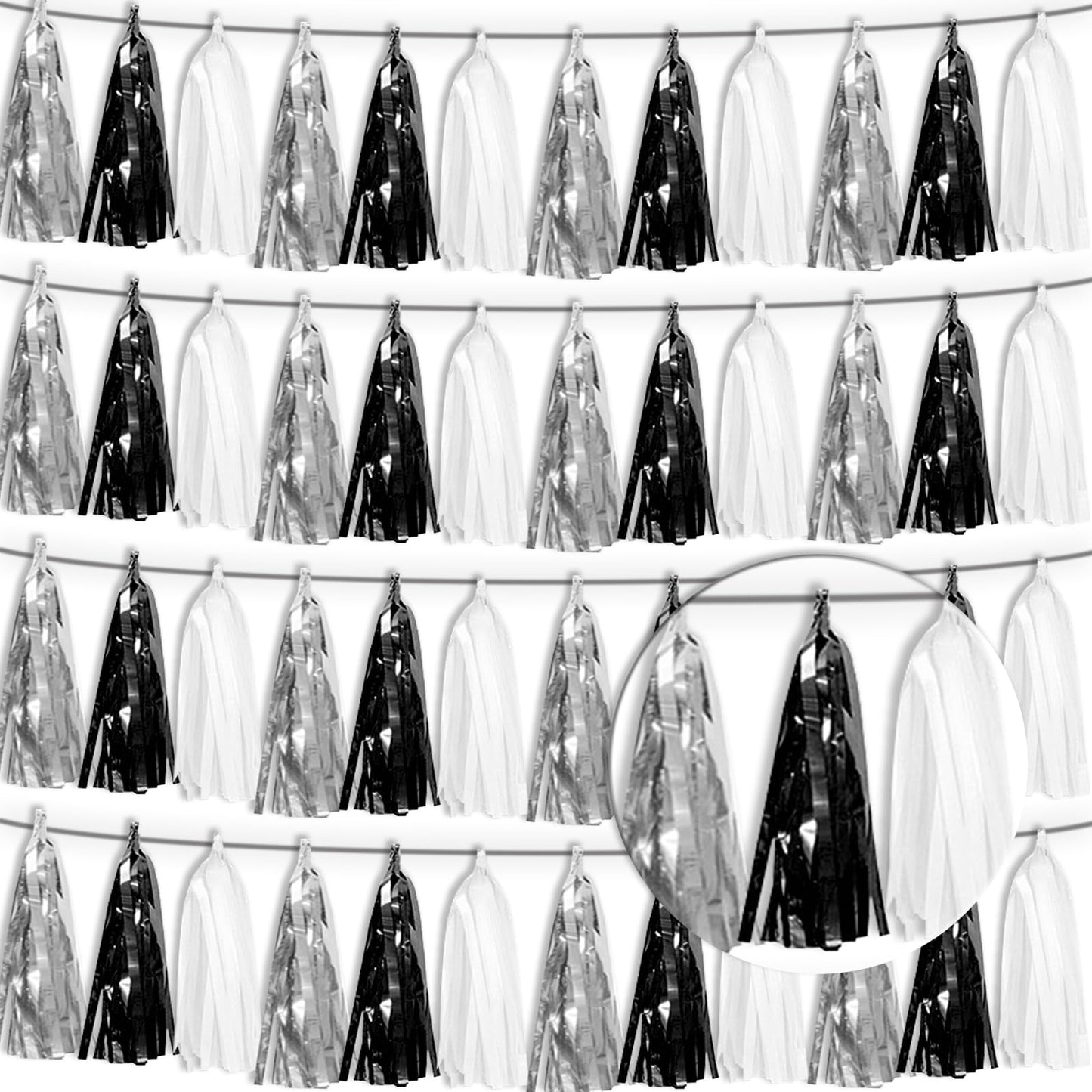 4P Black Silver white Tassel Banner Garland Metallic Foil Fringe Banner Tinsel Tassels Streamer Banner Backdrop for Parade Floats, Graduation Decorations, Halloween, Christmas Decorations