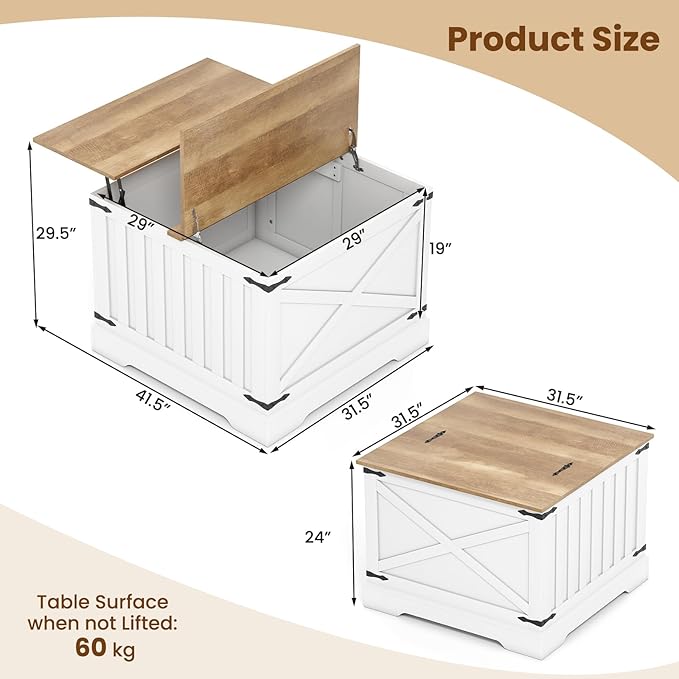 Giantex Farmhouse Lift Top Coffee Table, 31.5" Square Wood Center Table