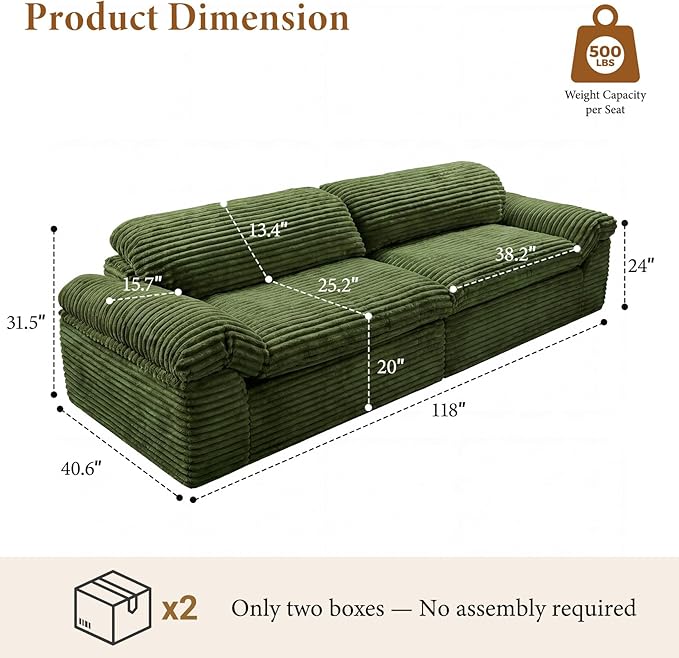 Vesgantti 118" Modular Sectional Couch, Comfy Corduroy Upholstered Cloud Couches