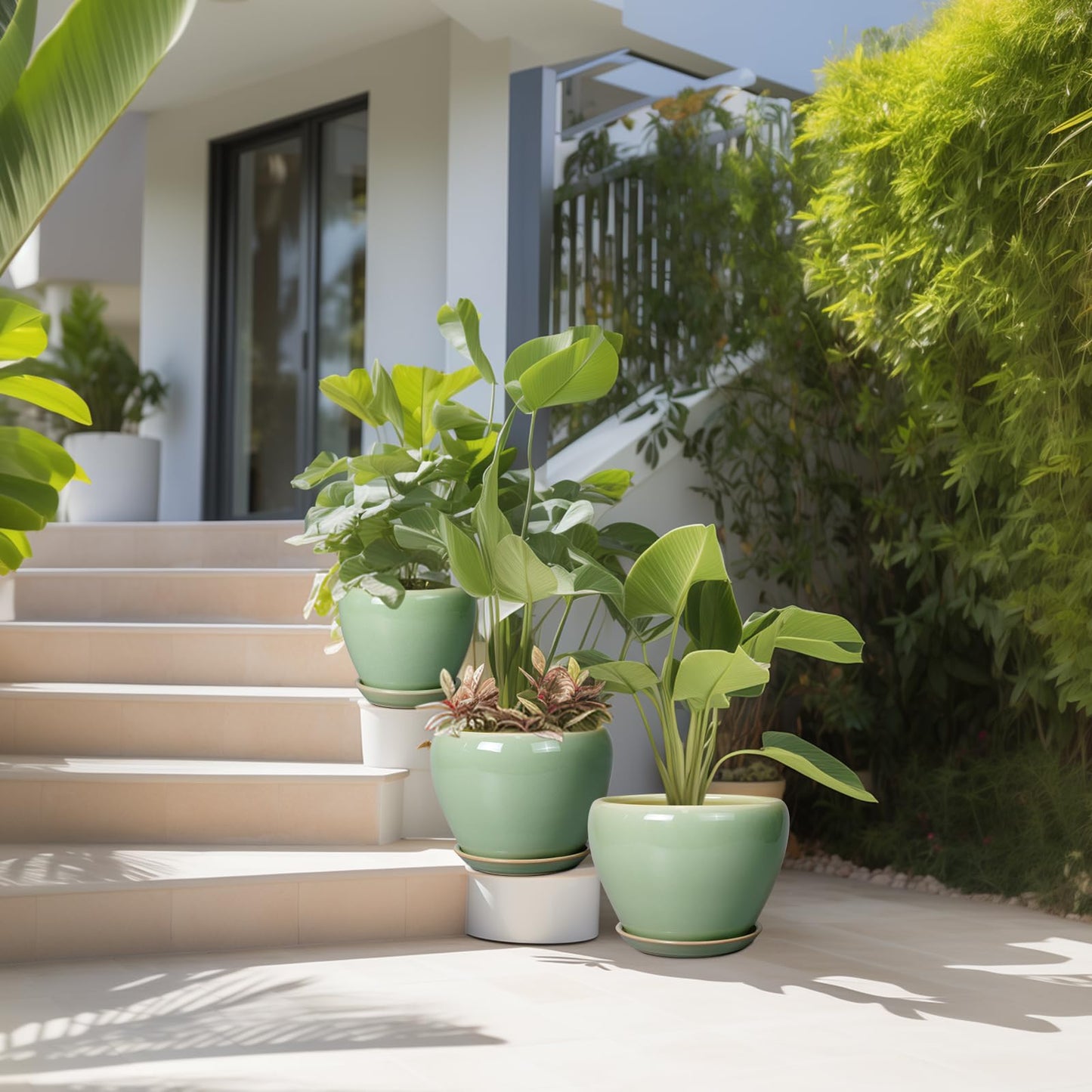 EPFamily Ceramic Pots for Plants - 10/8/6 Inch Flowers Planters with Drainage Holes and Saucers for Indoor Outdoor, Decorative Modern Home House Office Room Decor, Set of 3, Green