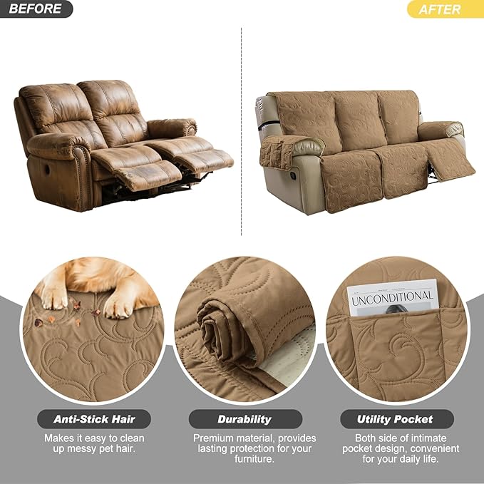 100% Waterproof Recliner Sofa Covers 3 Seater, 6-Piece Split Non-Slip Reclining
