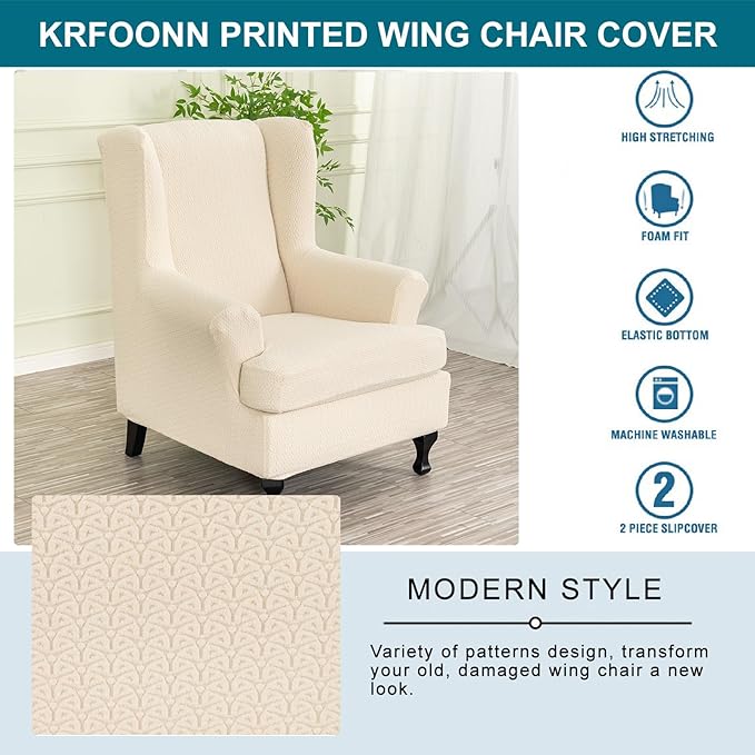 KRFOONN Stretch Wing Chair Slipcovers Jacquard 2 Piece Wingback Chair Covers