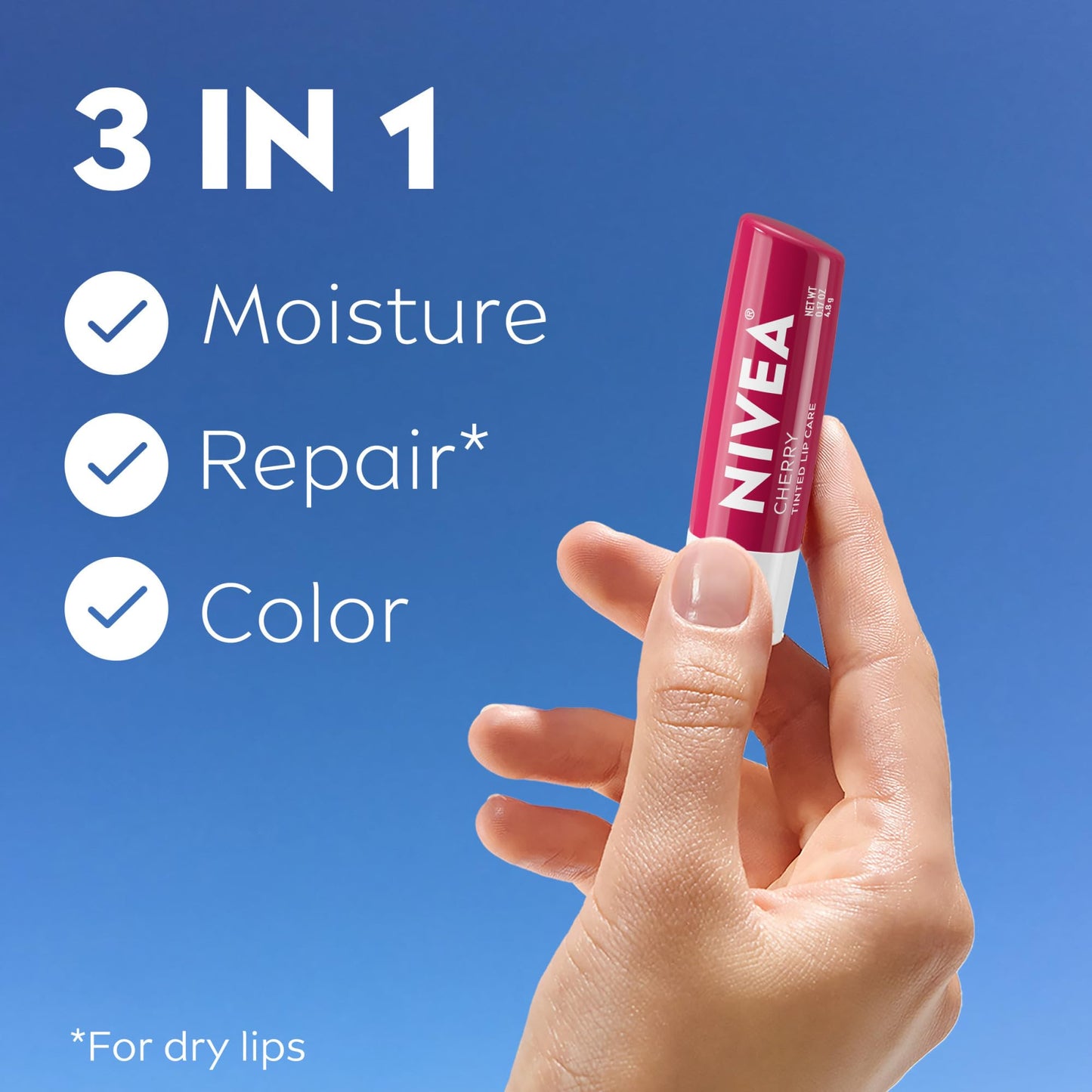 NIVEA Lip Care, Fruity Tinted Lip Balm Variety Pack, Cherry, Strawberry, Blackberry and Watermelon Flavors, 3-in-1 Moisture, Repair and Color, 0.17 Oz Stick, Pack of 4