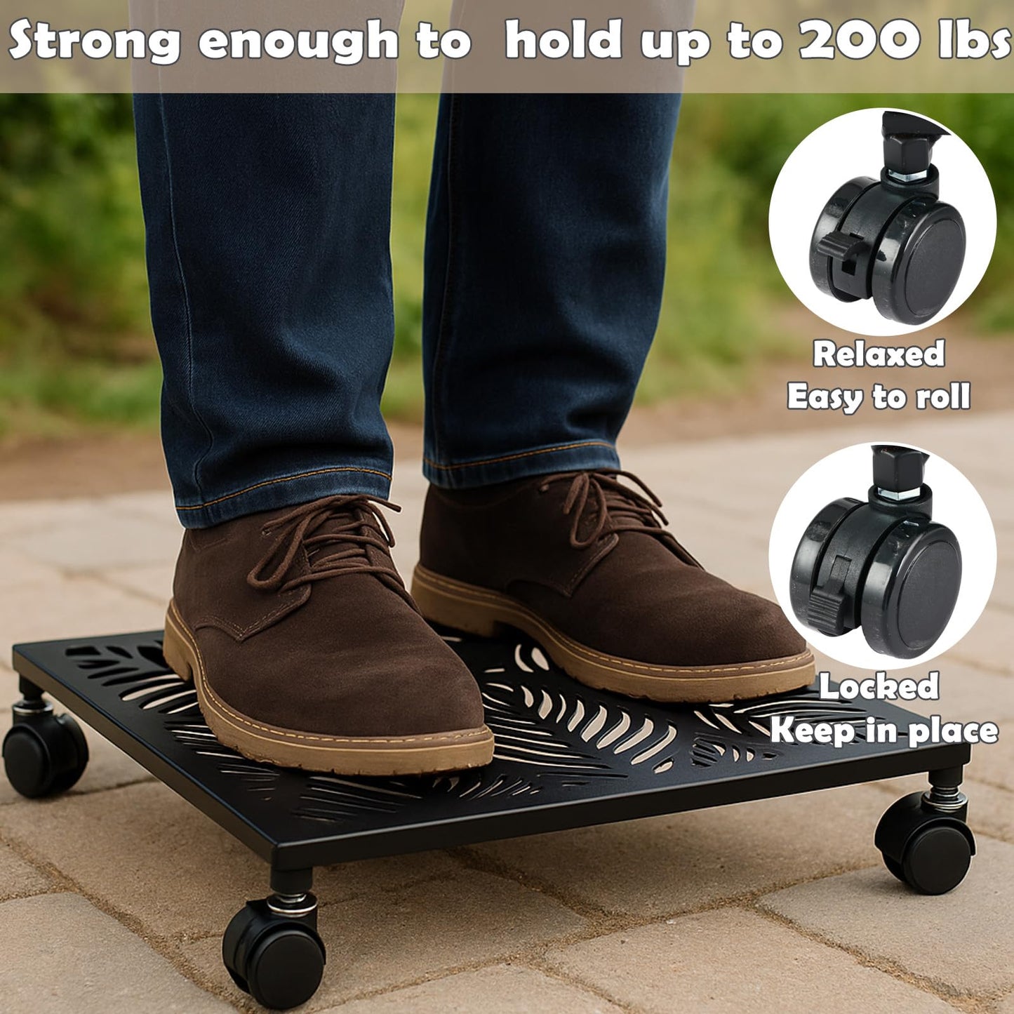 1-Pack 12 Inches Square Metal Plant Caddy with Wheels Heavy Duty Large Rolling Plant Stand Indoor Outdoor Wheeled Planter Dolly Cart with Lockable Casters Flower Pot Mover Roller Trolley, Black