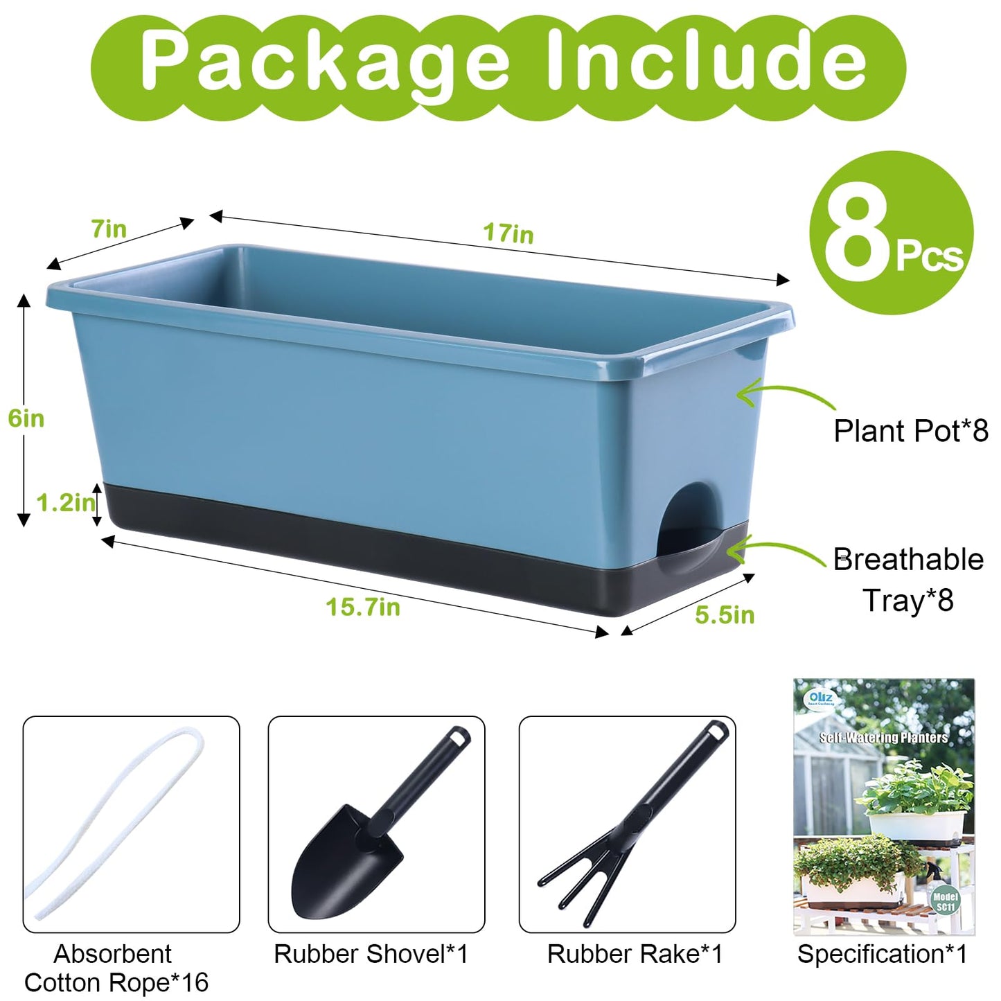 Oliz Window Box Planter 8 Pcs, 17 Inches Rectangle Flower Pots with Drainage Holes and Trays, Vegetable Planters for Windowsill Patio Garden Balcony Home Porch Yard Indoor Outdoor (Blue)