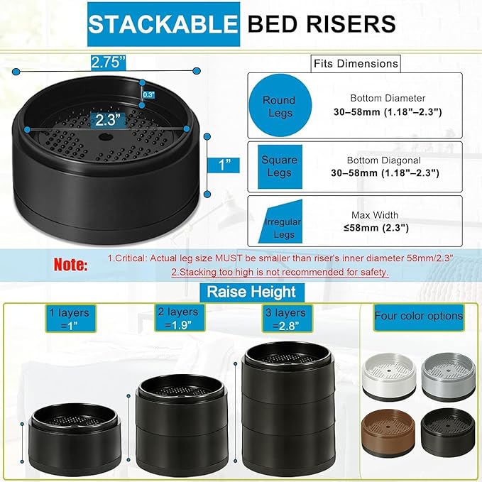 Bed Risers 1 inch, 2 inch, 3 inch, 4 inch Heavy Duty, Adjustable Furniture Riser