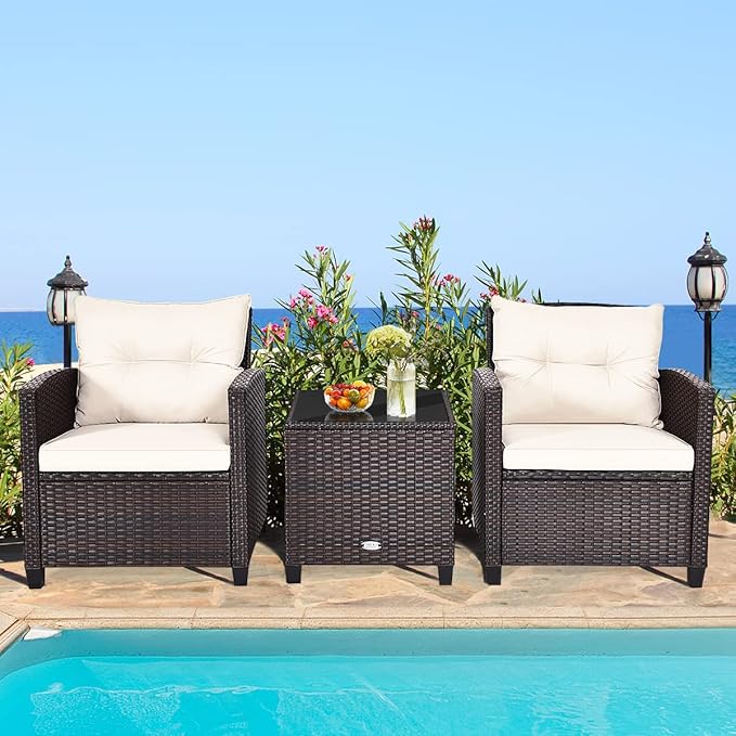 COSTWAY 3PCS Patio Furniture Set, PE Rattan Wicker Sofa w/Washable Cushion and