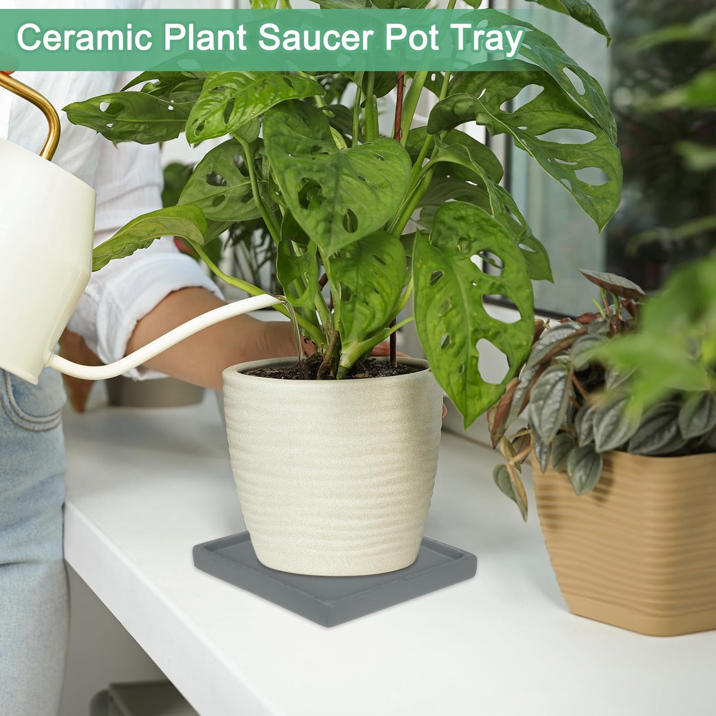 M METERXITY 2-Pack Ceramic Plant Saucer, 5 Inch Plant Water Catcher Tray, Plant Pot Saucers for Indoor/Outdoor Plants/Flower Drainage Drip Water Tray [Square Dark Gray]