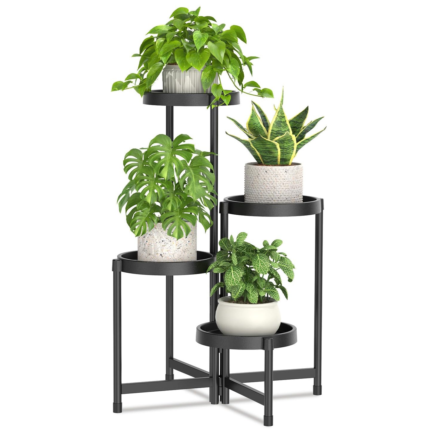LASZOLA 4 Tiered Plant Stand Indoor Outdoor with Plastic Tray, Corner Folding Tall Flower Display Rack, Modern Plant Holder Shelf for Outdoor Patio Porch Garden Office Living Room, Black