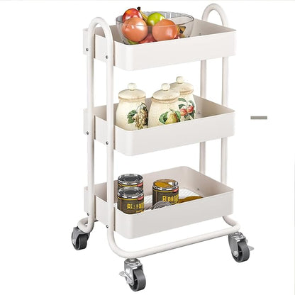 Metal Rolling Cart,3-Tier Metal Rolling Cart with Wheels,3 Tier Utility Cart with Wheels for Office,Home,Kitchen,Garden（13.4"x18.1"x31"） White