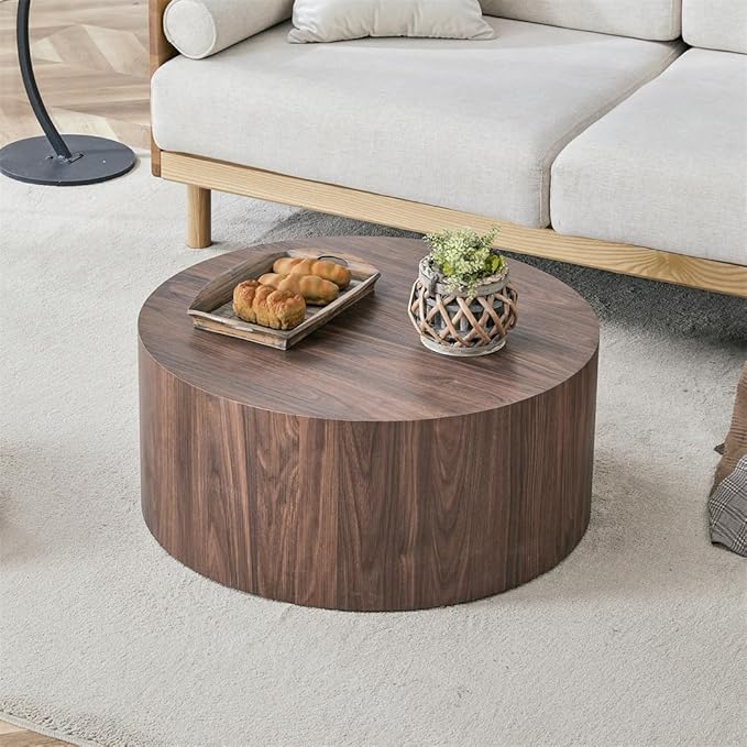 Round Coffee Table, 23.6" Modern Wood Drum Coffee Table, Round Accent Center